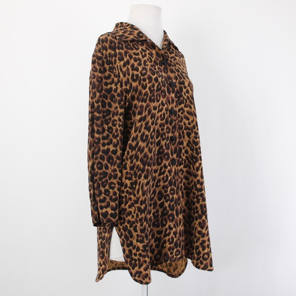 Dana Buchman Top Sz 6 Brown Tan Animal Print Collared Buttons 100% Silk Top - Picture 5 of 12